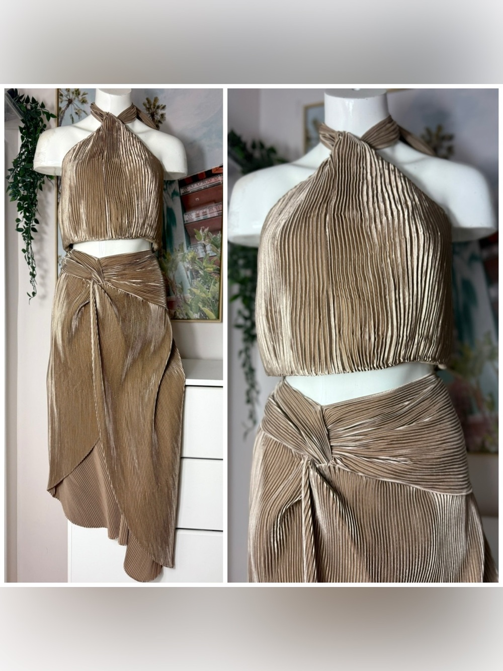 Missguided Carli Bybel Champagne Plisse Halter Top Skirt Set Size XL 14 Gold